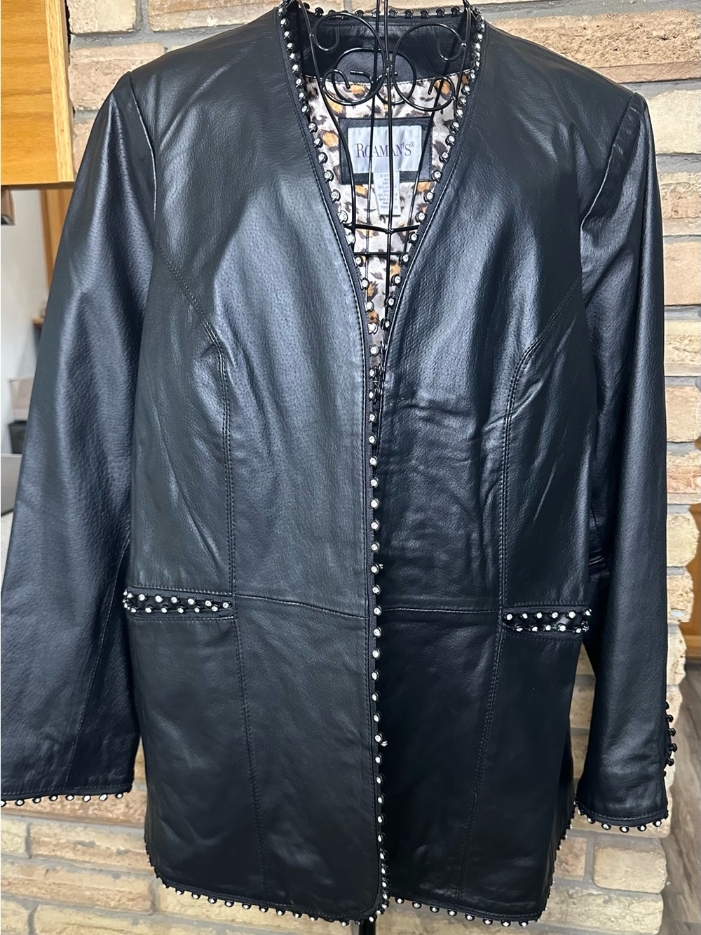 Roaman's Black Genuine Leather Jacket with Crystal Stud Trim Size 16